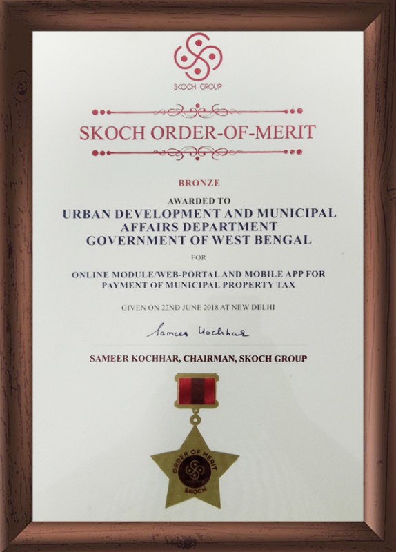 Online Module/Web-Portal and Mobile App for Payment of Municipal Property Tax for all 125 Urban Local Bodies in West Bengal under the Department of Urban Development & Municipal Affairs, Govt. of West Bengal was awarded the SKOCH BRONZE award during the 52 SKOCH Summit in 2018 at New Delhi.?>