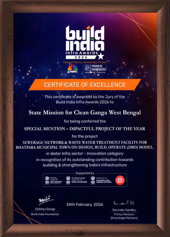 State Mission for Clean Ganga WB under the Department of Urban Development & Municipal Affairs, GoWB has won Build India Infra award of Excellence 2026 for its Bhatpara Sewage Treatment Plant under Innovation Category. The award has been conferred to SMCG WB at Delhi.?>